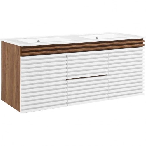 Render 48" Wall Mount Bathroom Vanity in White, Walnut Finish & White Ceramic