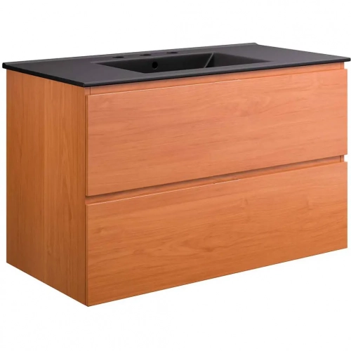 Scenic 36" Wall Mount Bathroom Vanity in Cherry Finish & Black Ceramic