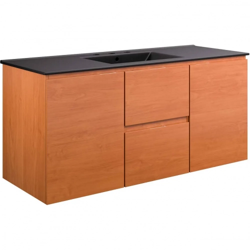 Scenic 48" Wall Mount Bathroom Vanity in Cherry Finish & Black Ceramic