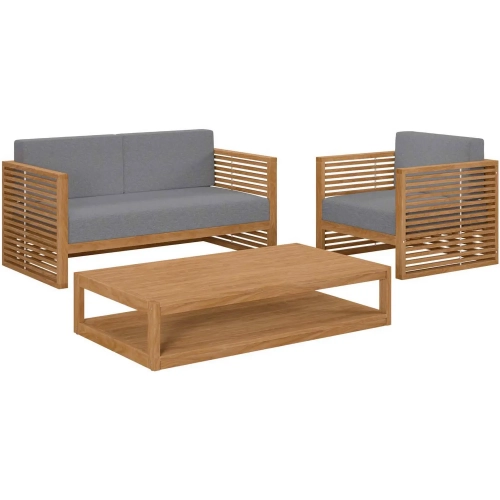 Carlsbad 3 Piece Outdoor Loveseat Set in Teak & Gray Fabric