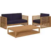 Carlsbad 3 Piece Outdoor Loveseat Set in Teak & Navy Blue Fabric