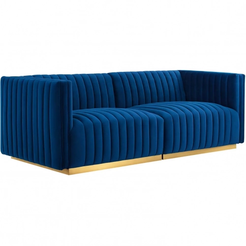 Conjure Loveseat in Channel Tufted Navy Blue Velvet & Brushed Gold