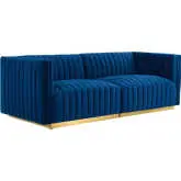 Conjure Loveseat in Channel Tufted Navy Blue Velvet & Brushed Gold