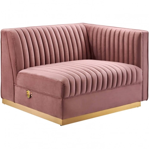 Sanguine Modular Sectional Sofa Right Arm Chair in Channel Tufted Dusty Rose Velvet