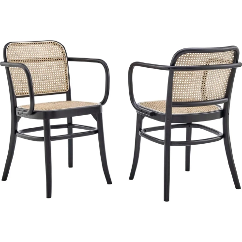 Winona Dining Arm Chair in Black Wood & Natural Rattan (Set of 2)