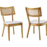 Caledonia Dining Chair in White Fabric, Rattan & Natural Wood (Set of 2)