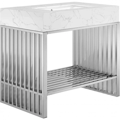 Gridiron 36" Bathroom Vanity in Silver Metal & White Faux Marble