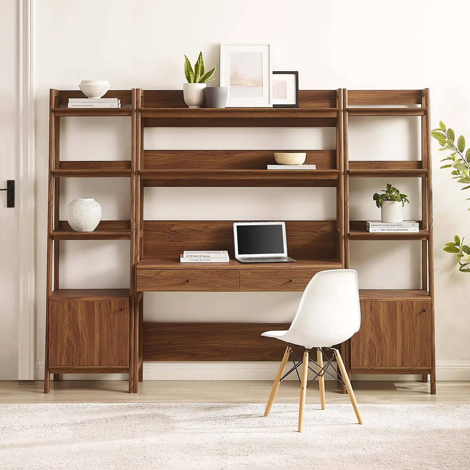 Modway EEI-6114-WAL Bixby 3 Piece Desk & Bookcase Set in Walnut FInish