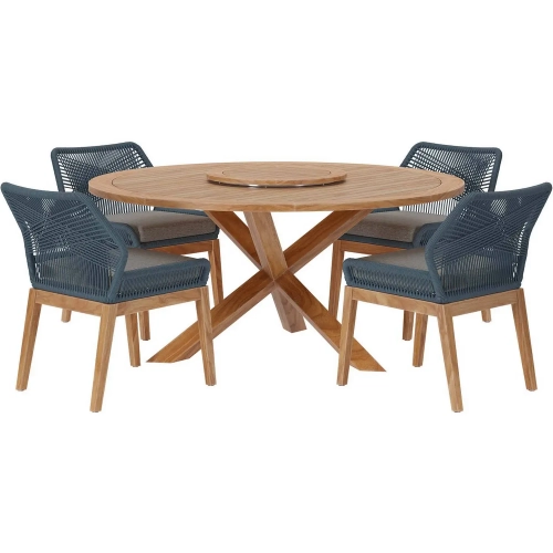 Wellspring 5 Piece Outdoor Dining Set in Teak, Blue Rope & Gray Fabric