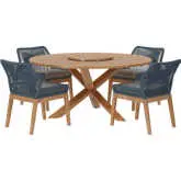 Wellspring 5 Piece Outdoor Dining Set in Teak, Blue Rope & Gray Fabric