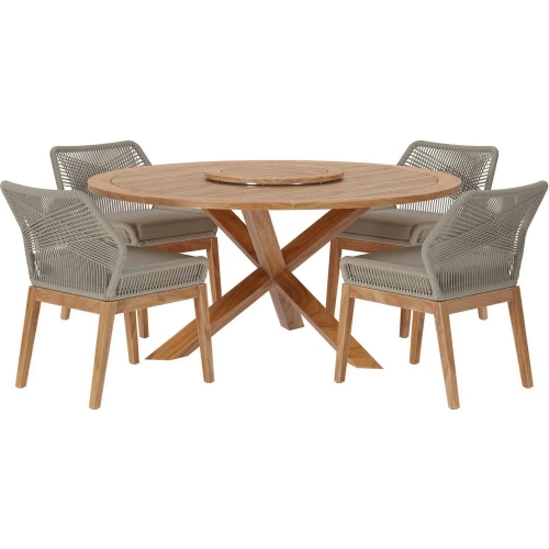 Wellspring 5 Piece Outdoor Dining Set in Teak, Greige Rope & Gray Fabric