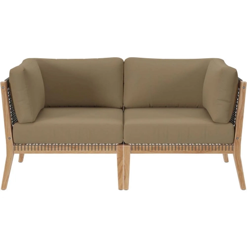 Clearwater Outdoor Loveseat in Gray Teak & Light Brown Fabric
