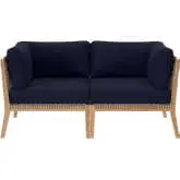 Clearwater Outdoor Loveseat in Gray Teak & Navy Blue Fabric