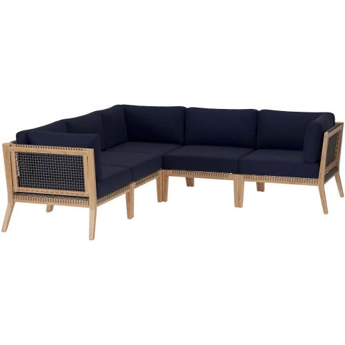 Clearwater Outdoor 5 Piece Sectional Sofa in Gray Teak & Navy Blue Fabric
