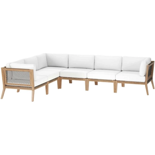 Clearwater Outdoor 6 Piece Sectional Sofa in Gray Teak & White Fabric