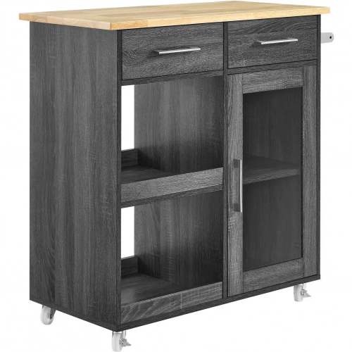 Culinary Kitchen Cart with Towel Bar in Charcoal Gray with Natural Wood Finish Top