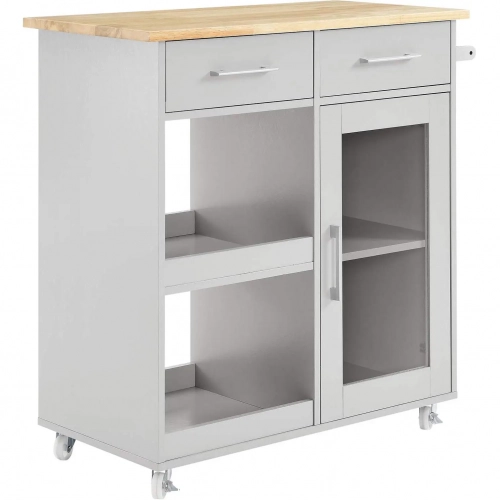Culinary Kitchen Cart with Towel Bar in Light Gray with Natural Wood Finish Top