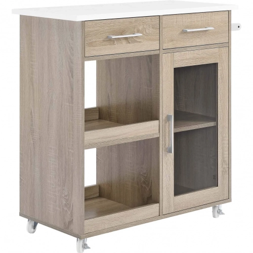 Culinary Kitchen Cart with Towel Bar in Oak Finish with White Top