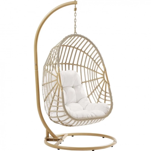 Amalie Outdoor Swing Chair with Stand in Rattan & White Fabric
