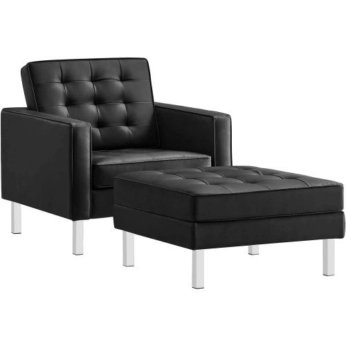 Loft Armchair & Ottoman Set in Tufted Black Vegan Leather & Silver