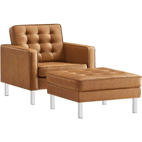 Loft Armchair & Ottoman Set in Tufted Tan Vegan Leather & Silver