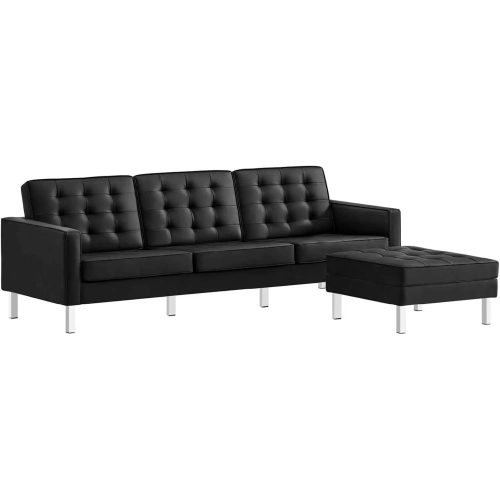 Loft Sofa & Ottoman Set in Tufted Black Vegan Leather & Silver