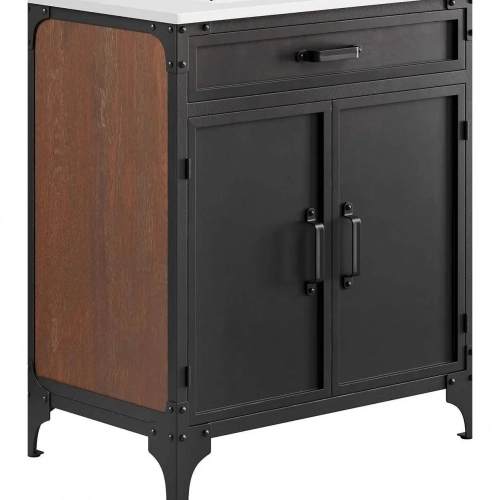 Steamforge 30" Bathroom Vanity in Wood Finish, Black Metal & White Ceramic