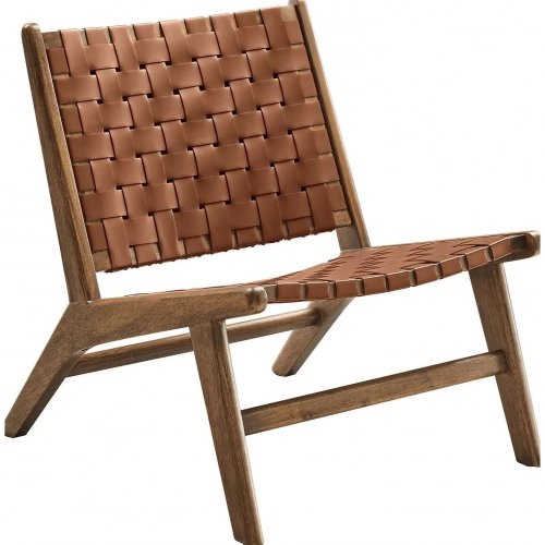 Saoirse Accent Lounge Chair in Brown Vegan Leather & Walnut Finish Wood