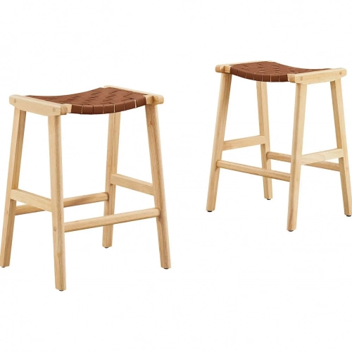 Saoirse Counter Stool in Brown Vegan Leather & Natural Finish Wood (Set of 2)