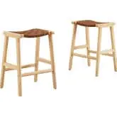 Saoirse Counter Stool in Brown Vegan Leather & Natural Finish Wood (Set of 2)