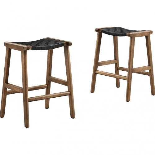 Saoirse Counter Stool in Black Vegan Leather & Walnut Finish Wood (Set of 2)