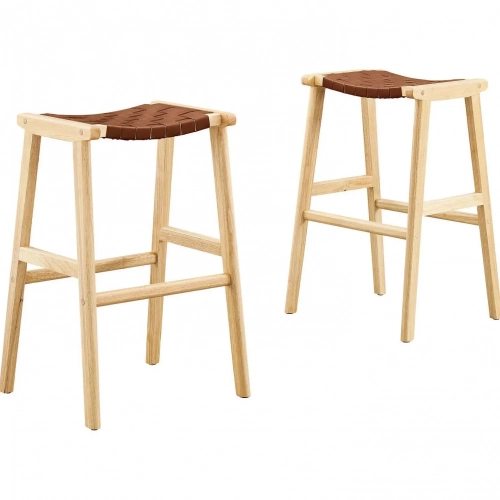 Saoirse Bar Stool in Brown Vegan Leather & Natural Finish Wood (Set of 2)