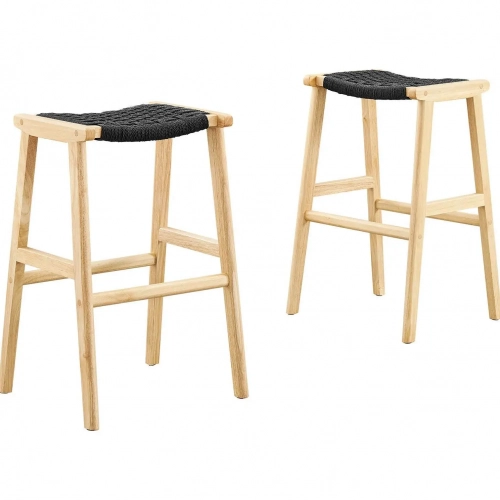 Saoirse Bar Stool in Black Woven Rope & Natural Finish Wood (Set of 2)