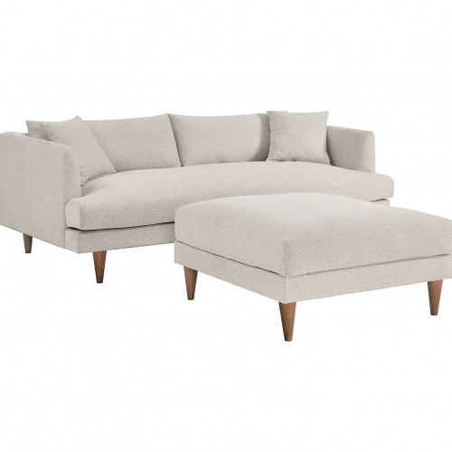 Zoya Down Filled Overstuffed Sofa & Ottoman Set in Ivory Fabric