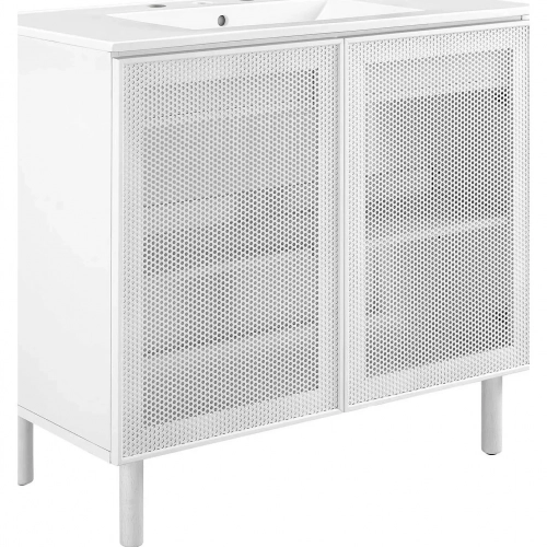 Calla 36" Bathroom Vanity in White Ceramic, White Finish & White Perforated Metal