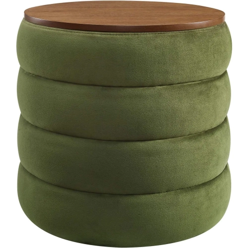 Mezzo Round Storage Ottoman in Tufted Moss Green Performance Velvet & Wood Finish