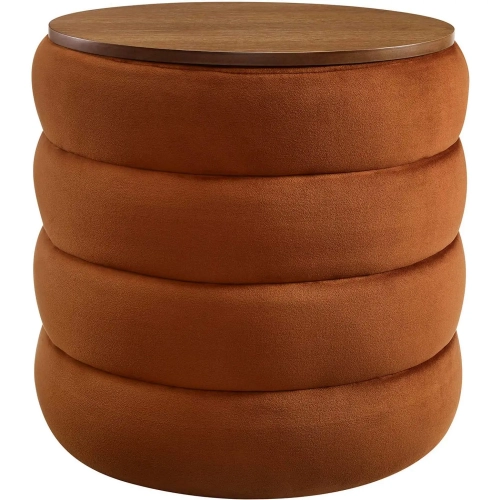 Mezzo Round Storage Ottoman in Tufted Rust Performance Velvet & Wood Finish