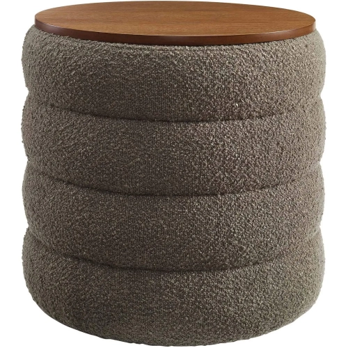 Mezzo Round Storage Ottoman in Tufted Pebble Boucle Fabric & Wood Finish
