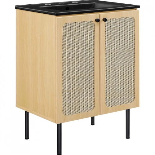 Chaucer 24" Bathroom Vanity in Black Ceramic, Oak Wood Grain & Rattan