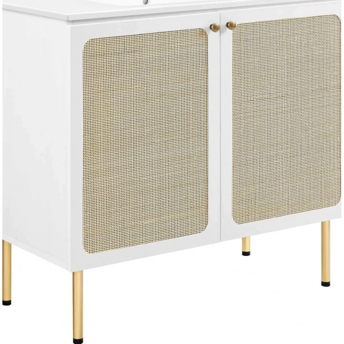 Chaucer 36" Bathroom Vanity in White Ceramic, White Wood Grain & Rattan