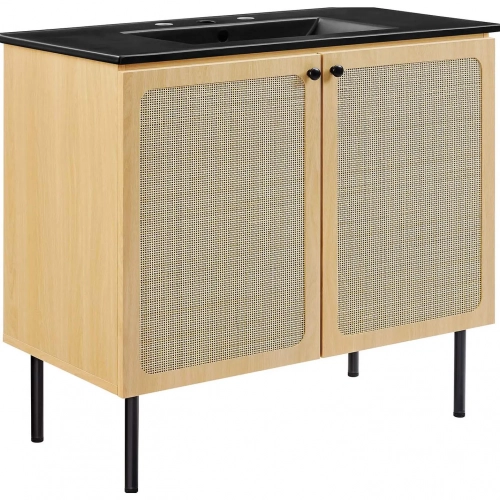 Chaucer 36" Bathroom Vanity in Black Ceramic, Oak Wood Grain & Rattan
