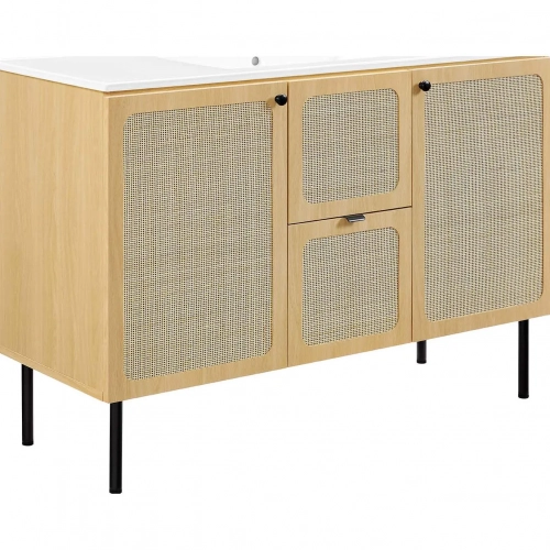 Chaucer 48" Single Sink Bathroom Vanity in White Ceramic, Oak Wood Grain & Rattan