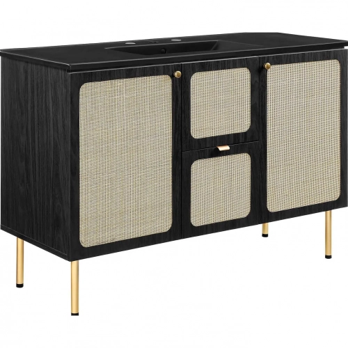 Chaucer 48" Single Sink Bathroom Vanity in Black Ceramic, Black Wood Grain & Rattan
