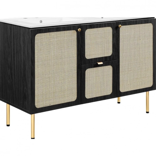 Chaucer 48" Double Sink Bathroom Vanity in White Ceramic, Black Wood Grain & Rattan