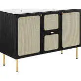 Chaucer 48" Double Sink Bathroom Vanity in White Ceramic, Black Wood Grain & Rattan