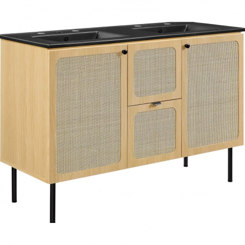 Chaucer 48" Double Sink Bathroom Vanity in Black Ceramic, Oak Wood Grain & Rattan