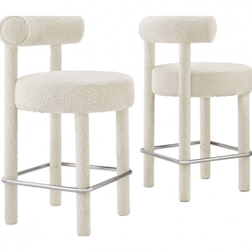 Toulouse Counter Stool in Ivory Boucle Fabric & Silver Metal (Set of 2)