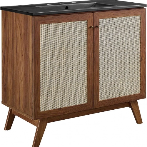 Soma 36" Bathroom Vanity in Walnut, Rattan & Black Ceramic
