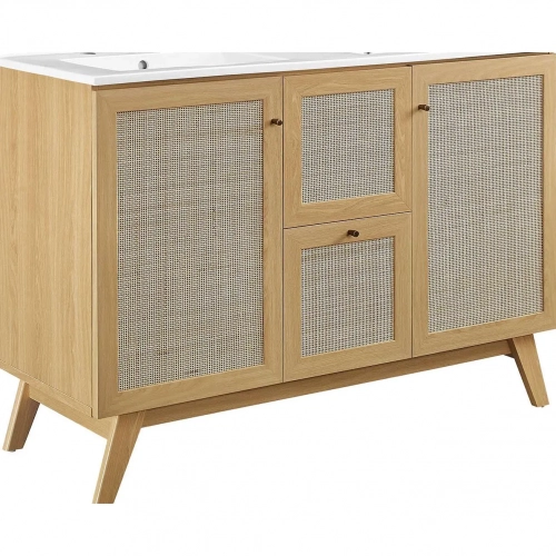 Soma 48" Double Sink Bathroom Vanity in Oak, Rattan & White Ceramic