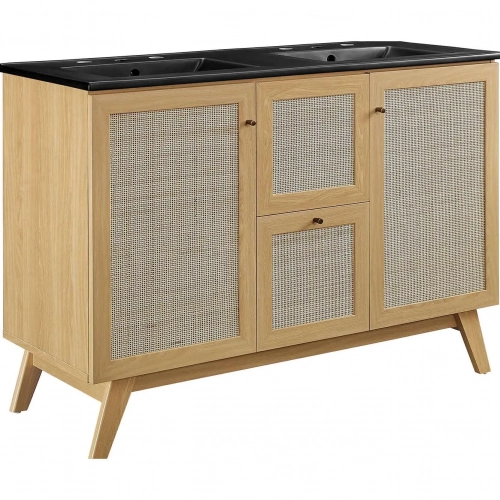 Soma 48" Double Sink Bathroom Vanity in Oak, Rattan & Black Ceramic